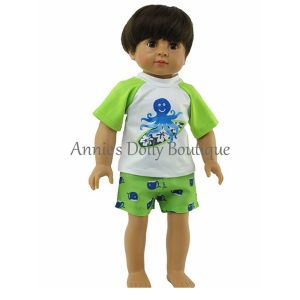 Boy’s Surfing Octopus Rash Guard and Swim Trunks Set for 18-Inch Dolls